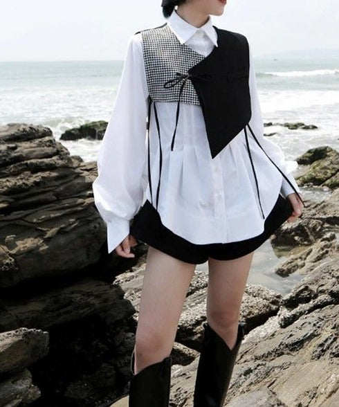 Asymmetric Houndstooth Ribbon Vest